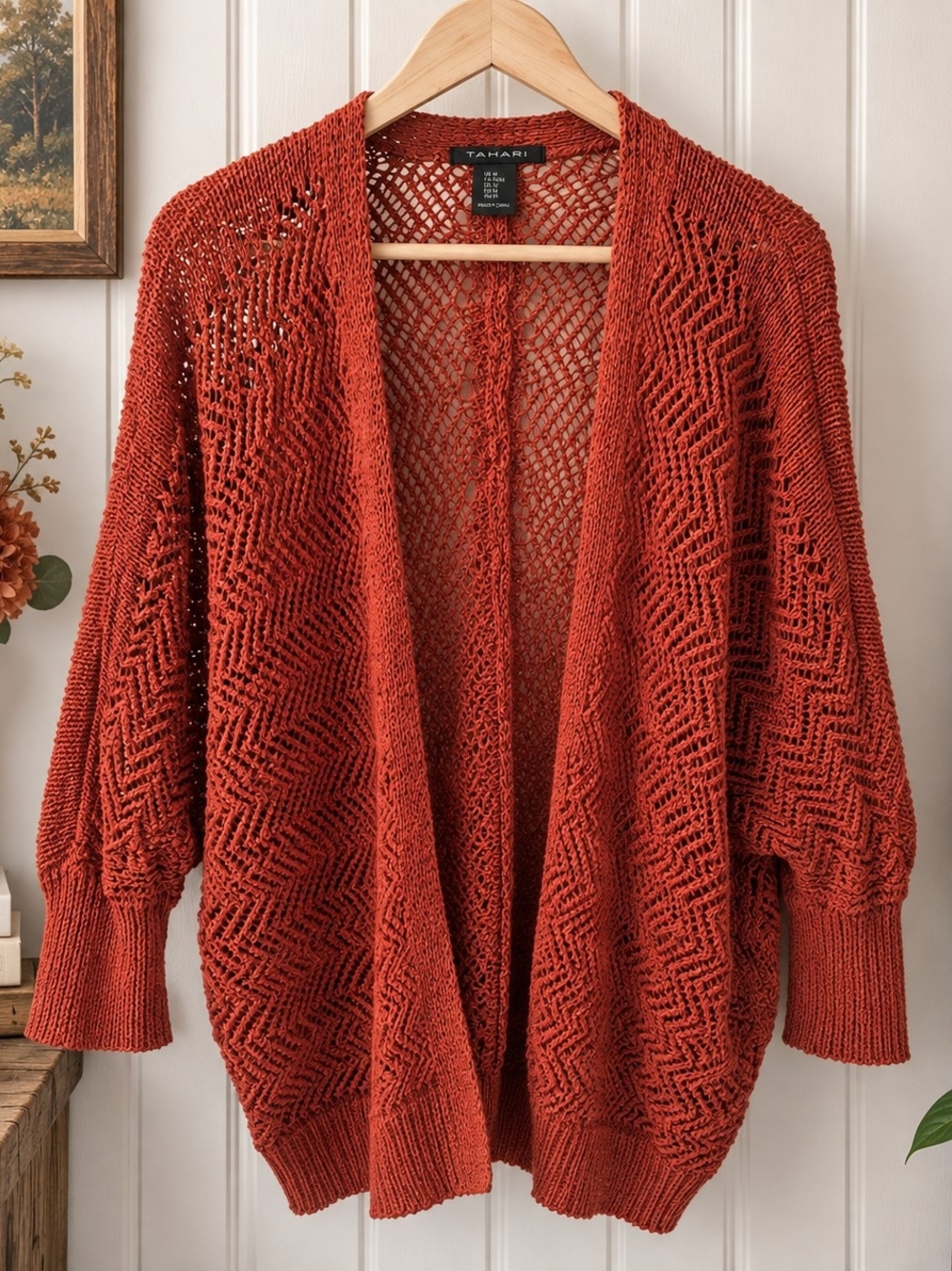Tahari Rust Open Knit Cardigan Sweater Size M Boho Oversized